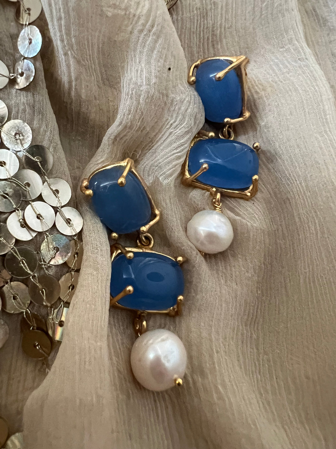 Elegant Pearl Drop Aqua Blue Chalcedony Earrings – Timeless & Chic