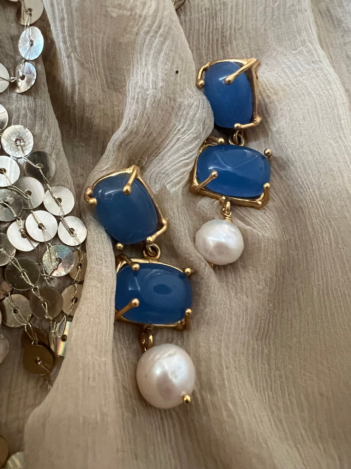 Elegant Pearl Drop Aqua Blue Chalcedony Earrings – Timeless & Chic