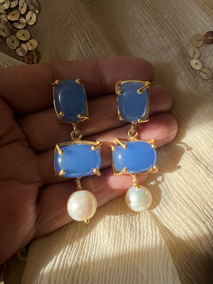 Elegant Pearl Drop Aqua Blue Chalcedony Earrings – Timeless & Chic