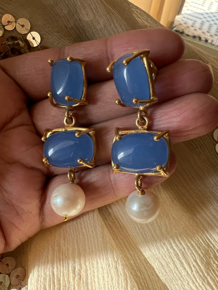 Elegant Pearl Drop Aqua Blue Chalcedony Earrings – Timeless & Chic