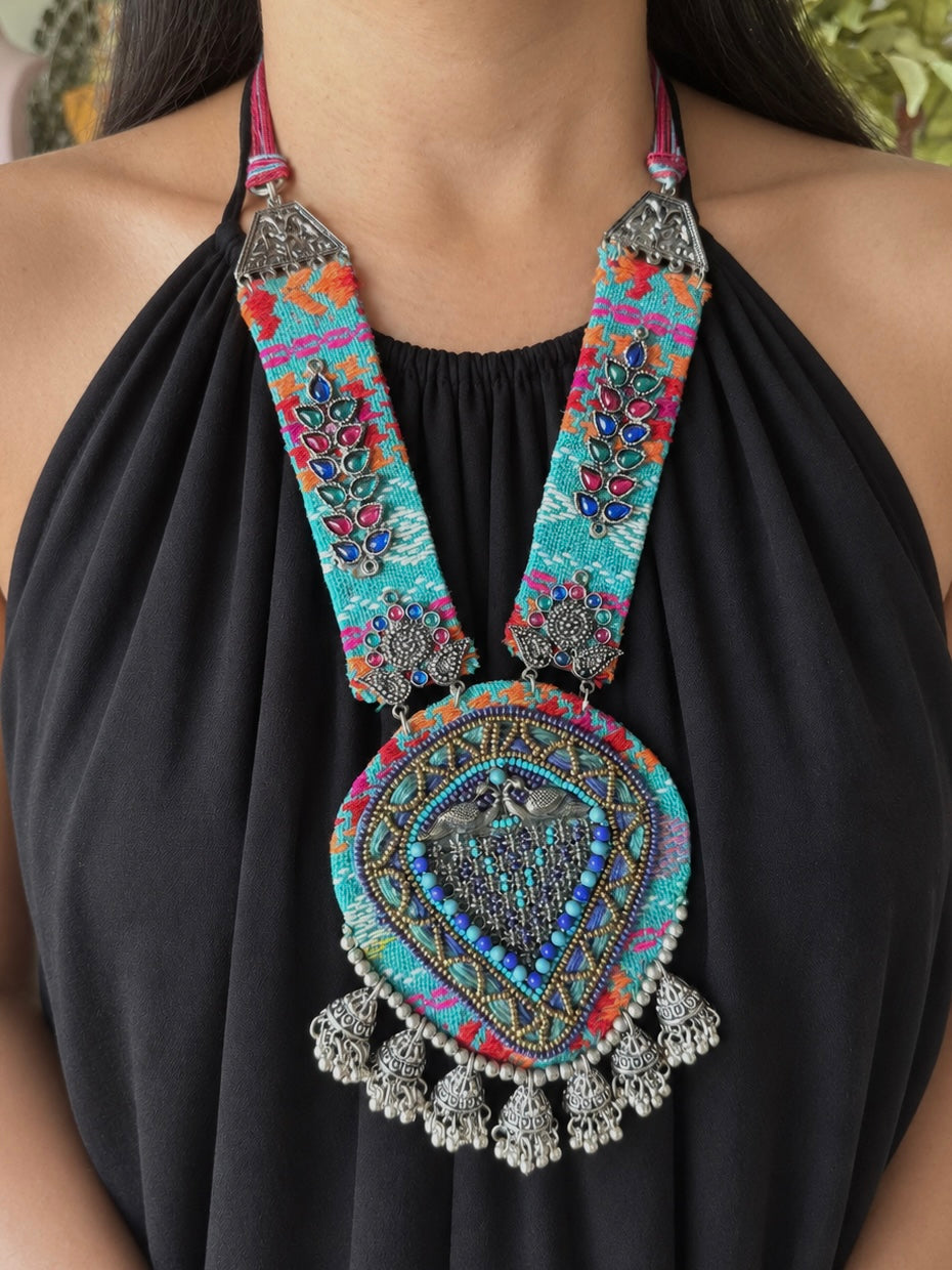 Textile-Mounted Afghani Statement Necklace