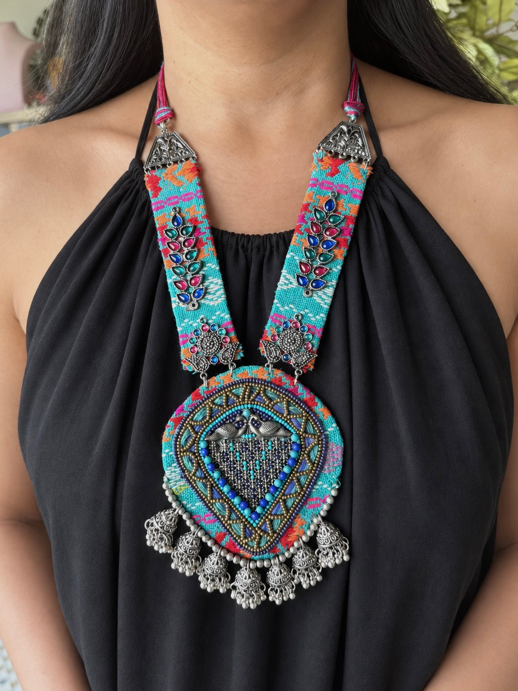 Textile-Mounted Afghani Statement Necklace