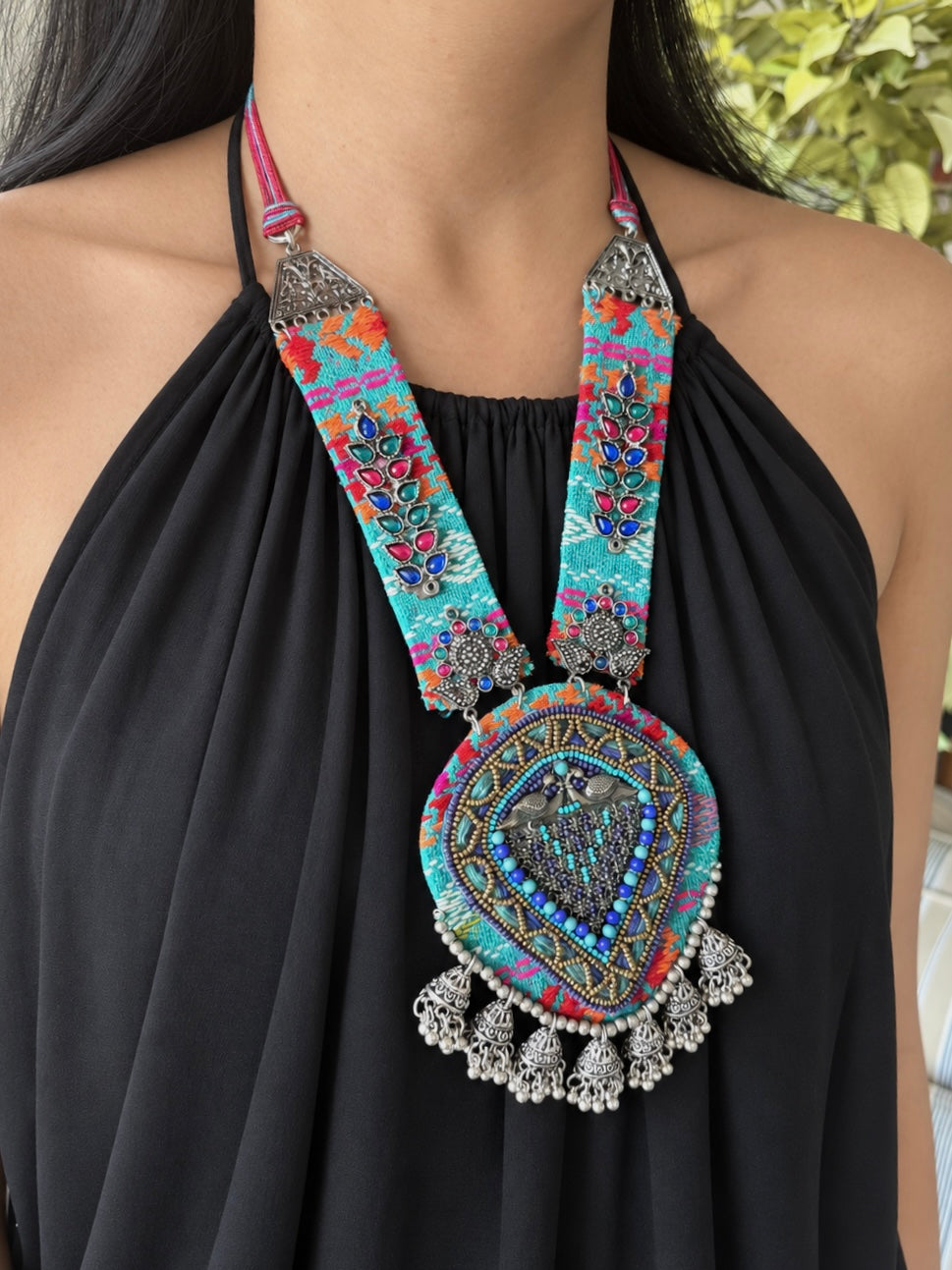 Textile-Mounted Afghani Statement Necklace