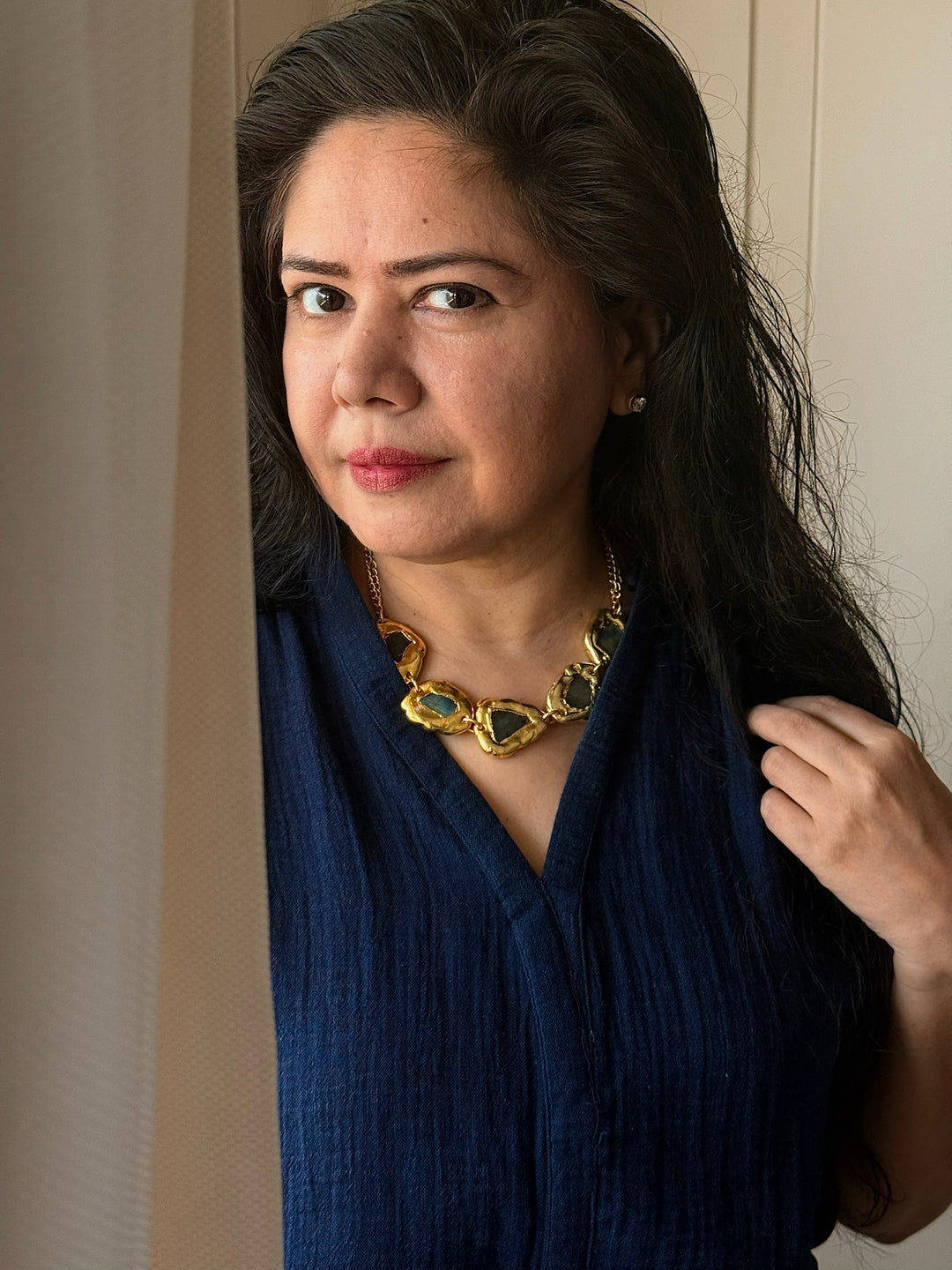 Handmade Necklace with Natural Raw Labradorite | Adjustable Modern Gold Polish Necklace by SHIVKA