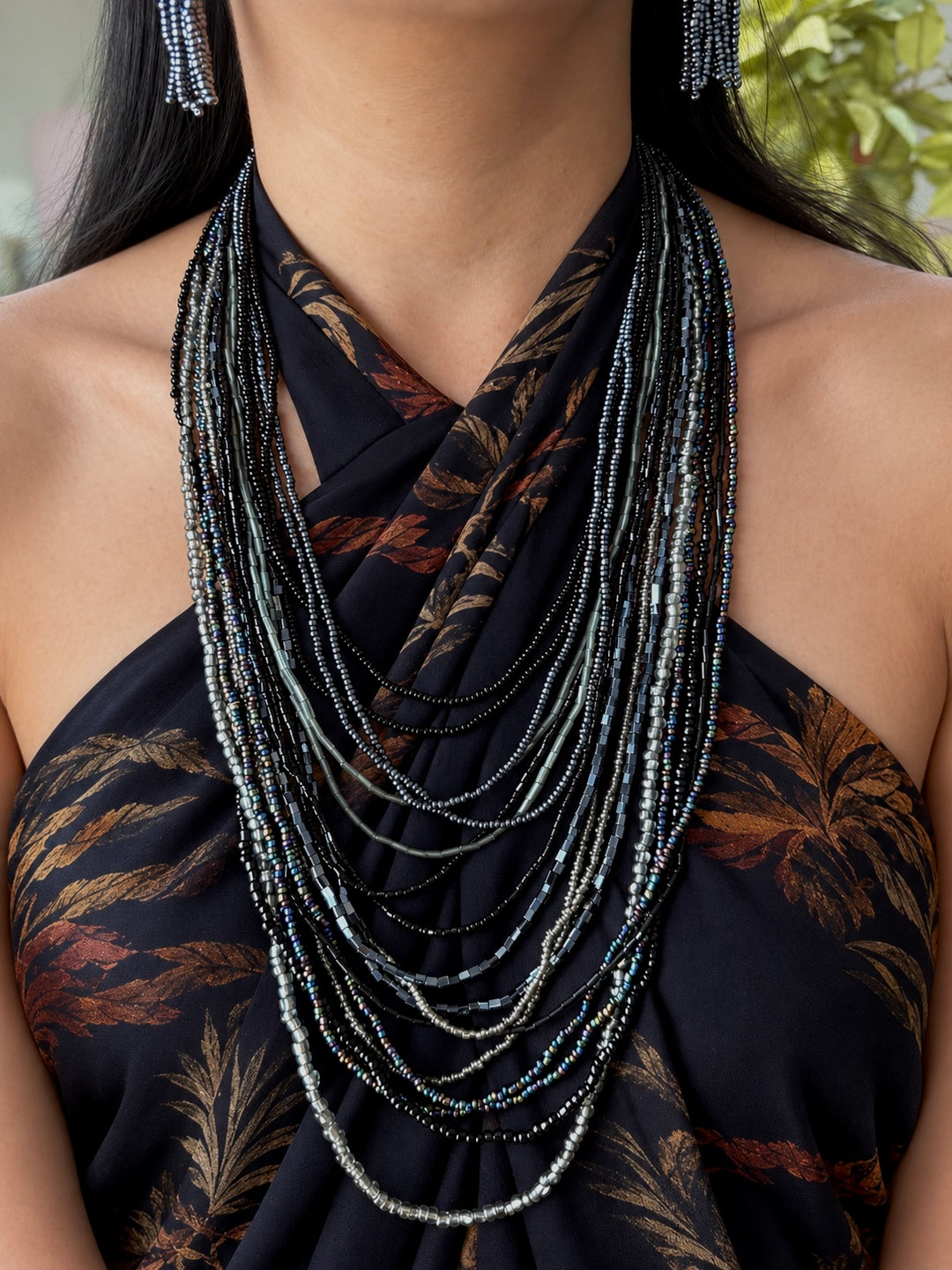 Starry Silver Blue Beaded Necklace and Tassel Earrings