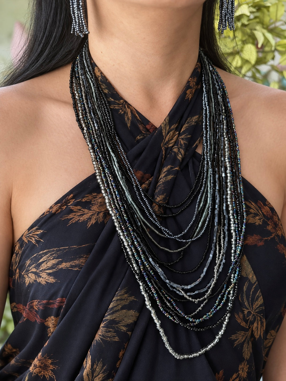 Starry Silver Blue Beaded Necklace and Tassel Earrings