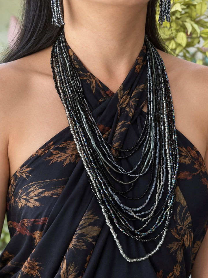 Starry Silver Blue Beaded Necklace and Tassel Earrings