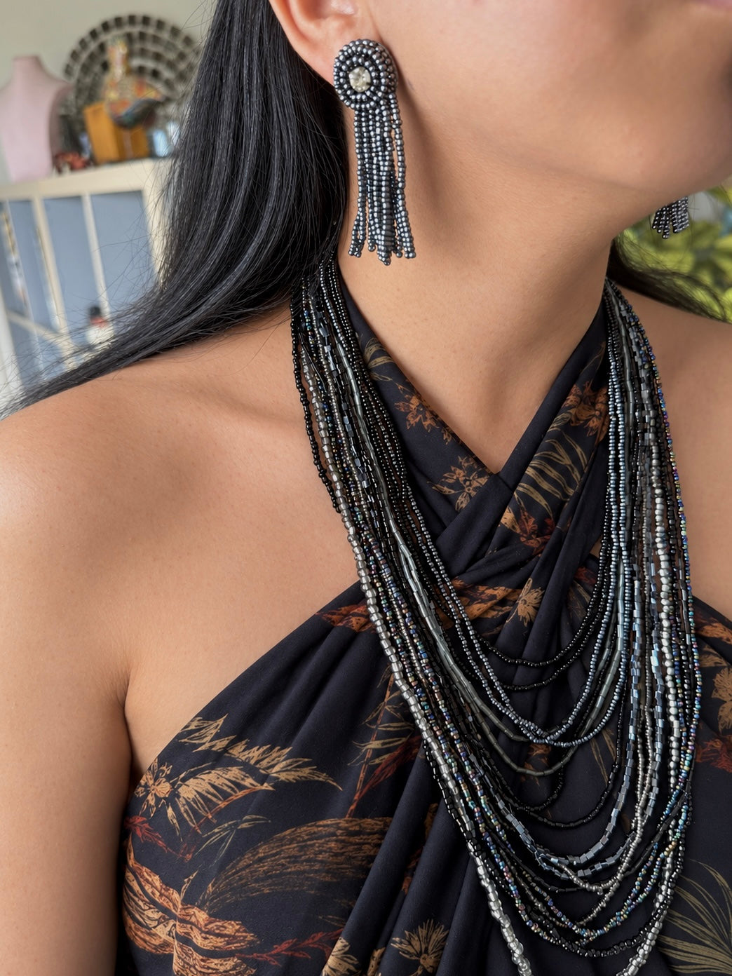 Starry Silver Blue Beaded Necklace and Tassel Earrings