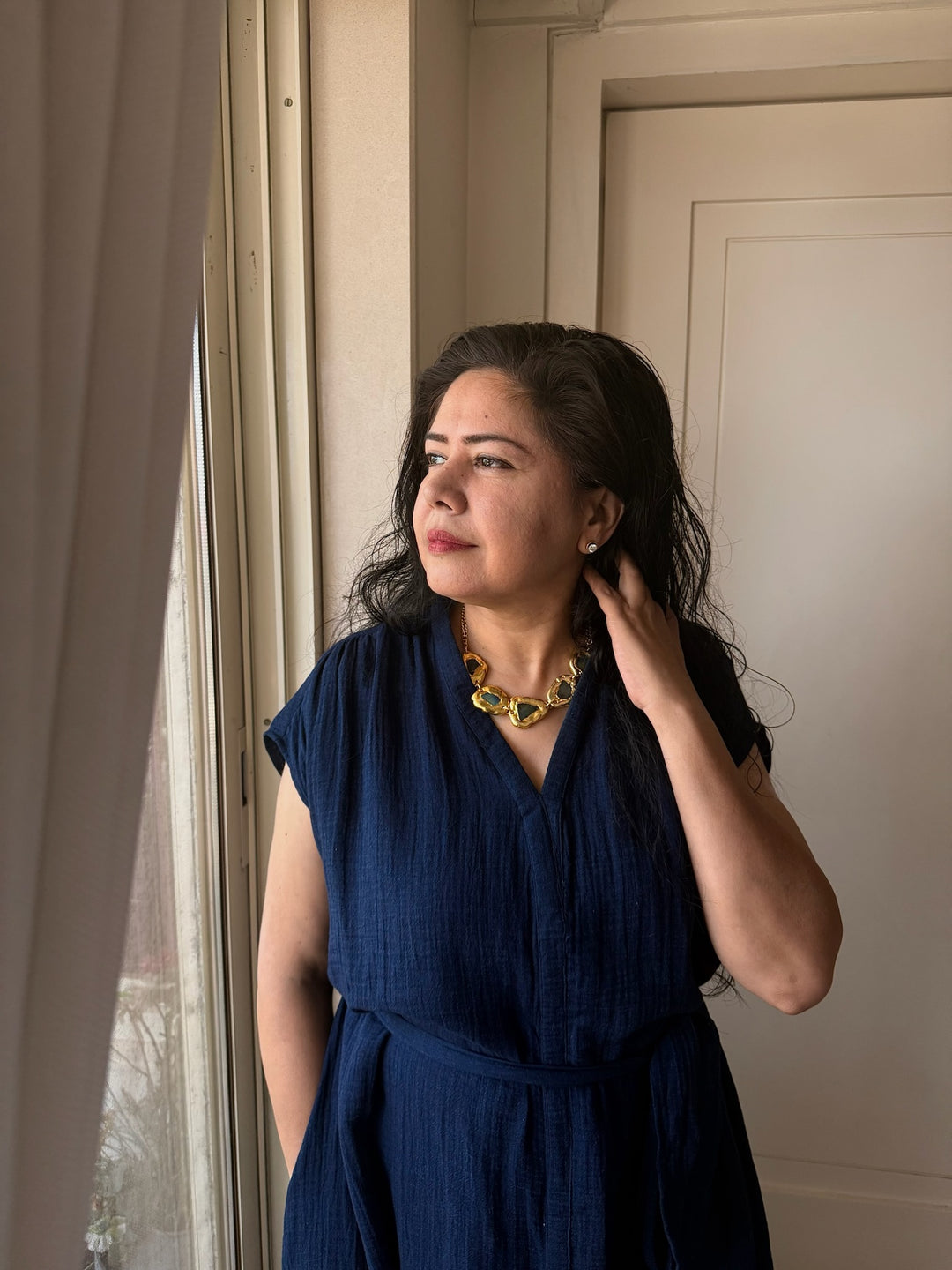 Handmade Necklace with Natural Raw Labradorite | Adjustable Modern Gold Polish Necklace by SHIVKA