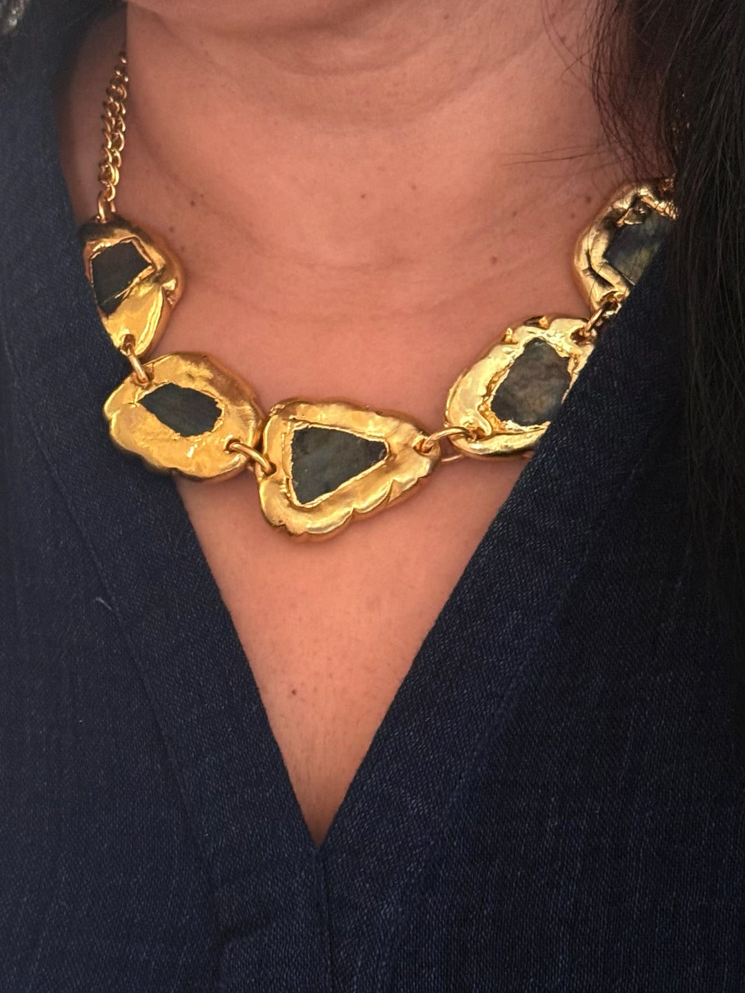 Handmade Necklace with Natural Raw Labradorite | Adjustable Modern Gold Polish Necklace by SHIVKA