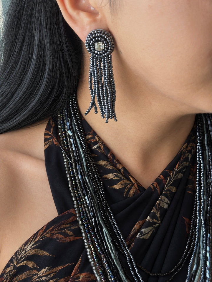 Starry Silver Blue Beaded Necklace and Tassel Earrings
