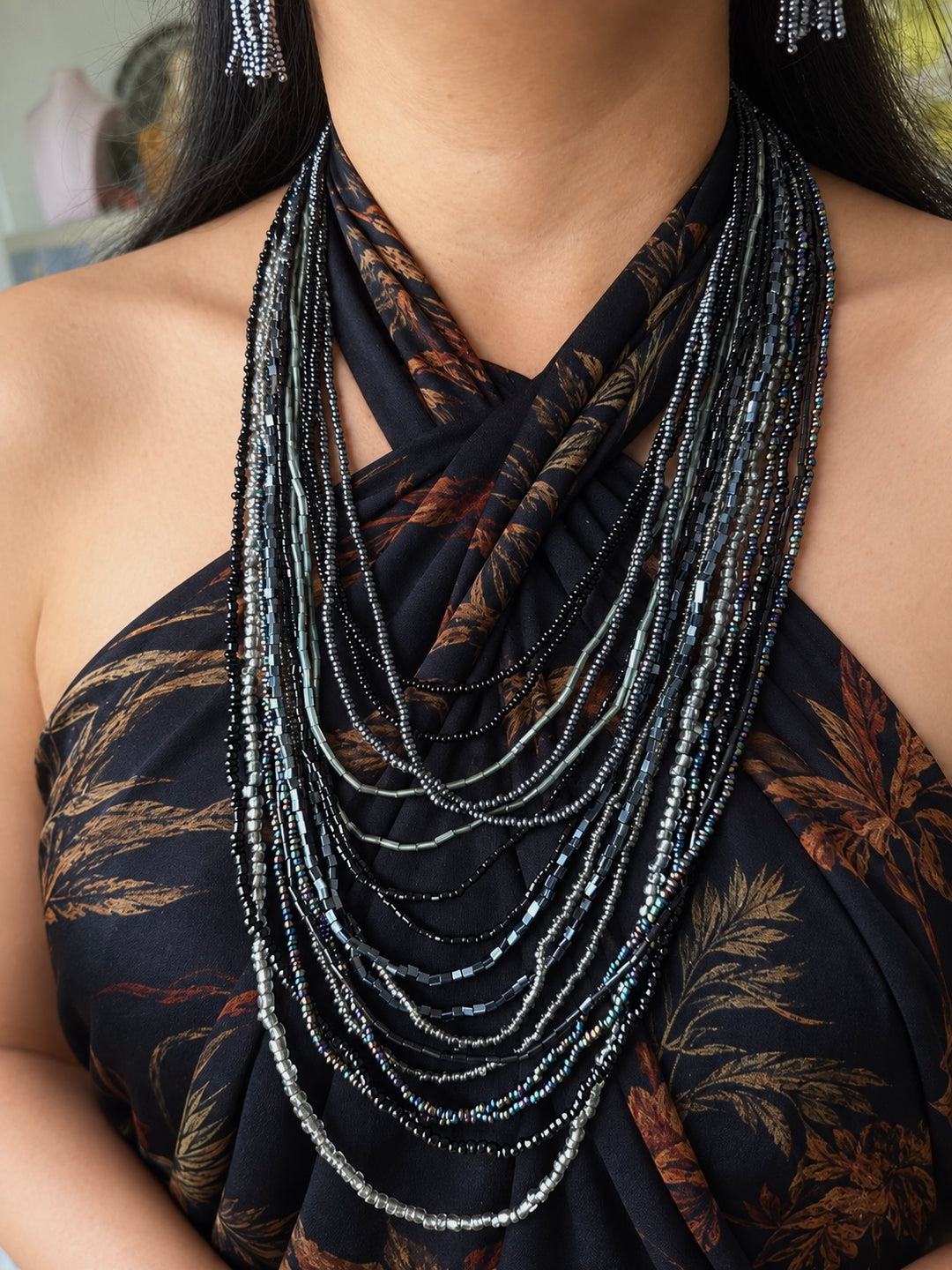 Starry Silver Blue Beaded Necklace and Tassel Earrings