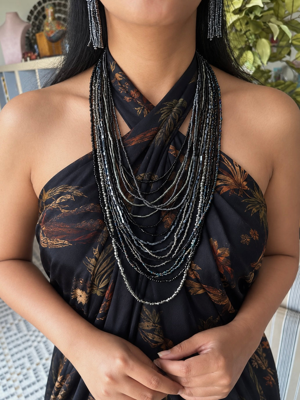 Starry Silver Blue Beaded Necklace and Tassel Earrings