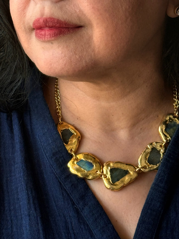Handmade Necklace with Natural Raw Labradorite | Adjustable Modern Gold Polish Necklace by SHIVKA
