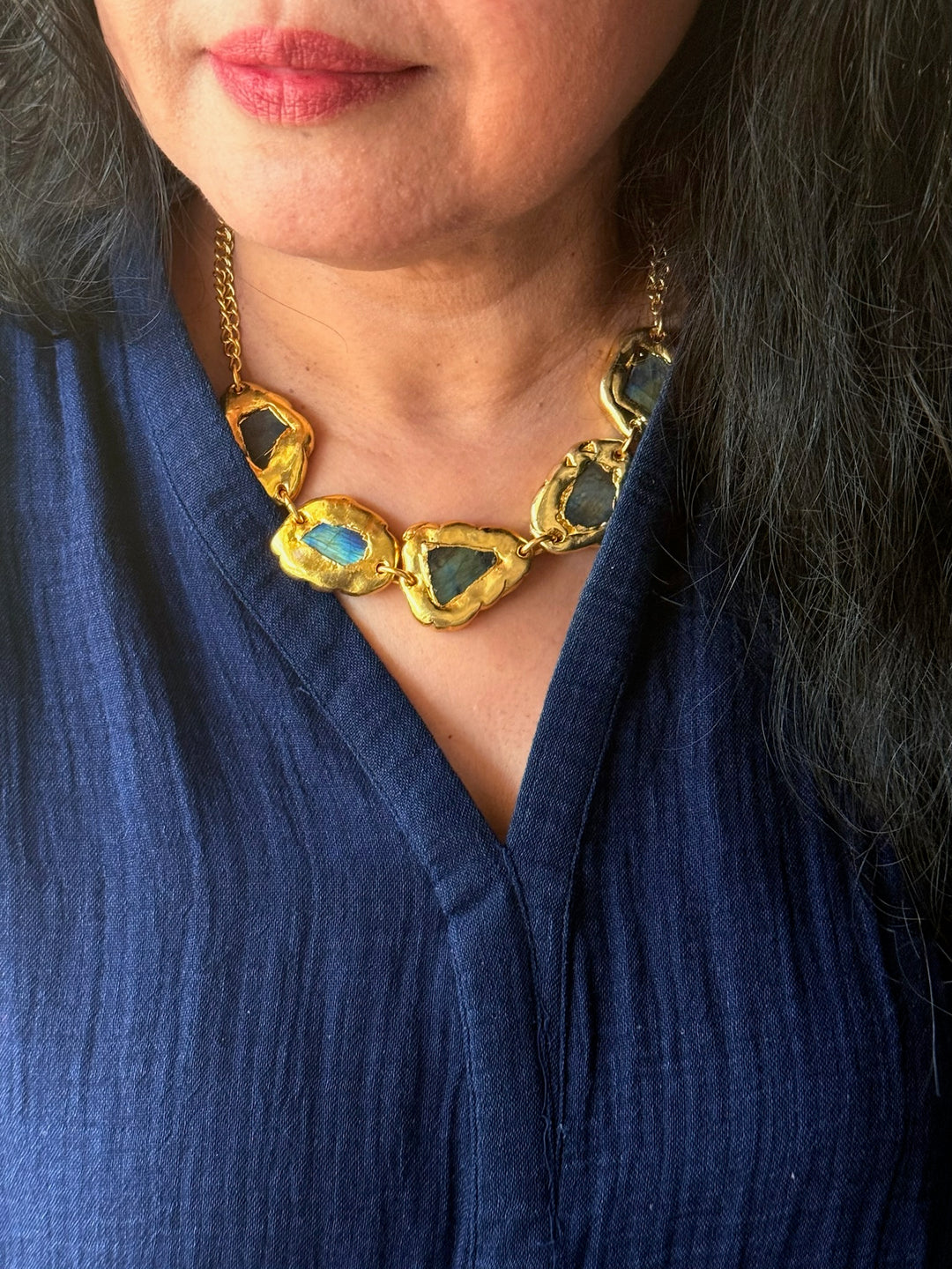 Handmade Necklace with Natural Raw Labradorite | Adjustable Modern Gold Polish Necklace by SHIVKA