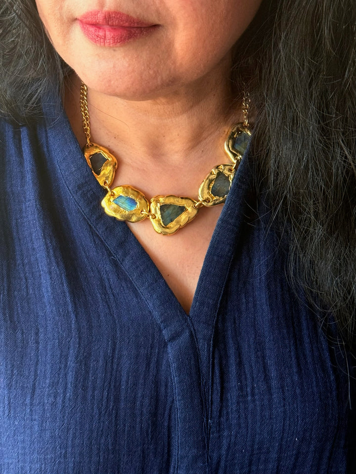 Handmade Necklace with Natural Raw Labradorite | Adjustable Modern Gold Polish Necklace by SHIVKA