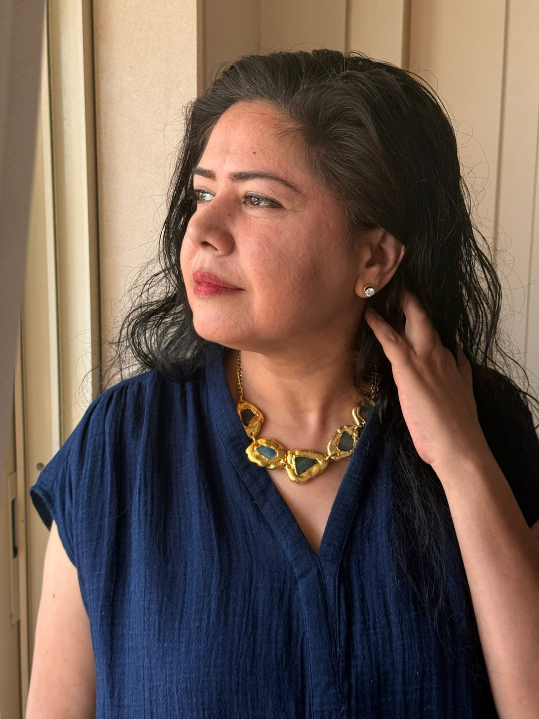 Handmade Necklace with Natural Raw Labradorite | Adjustable Modern Gold Polish Necklace by SHIVKA