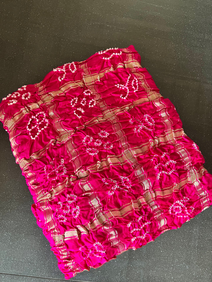 Exquisite Bandhej Pure Silk Gold Embroidered Dupatta