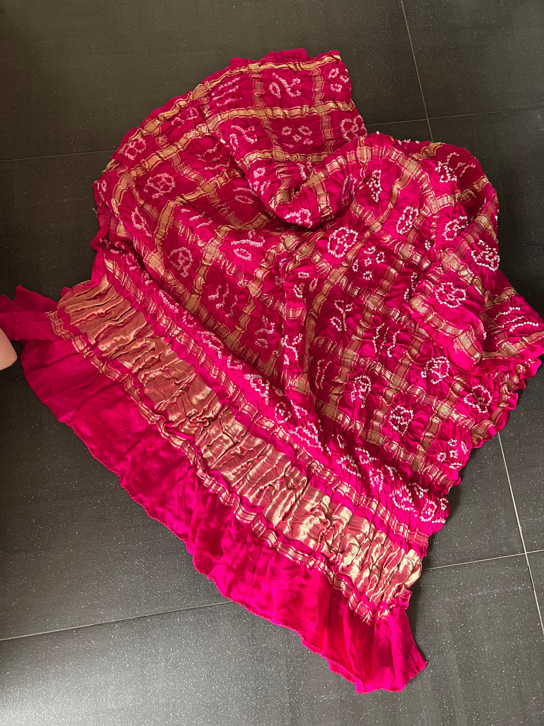 Exquisite Bandhej Pure Silk Gold Embroidered Dupatta