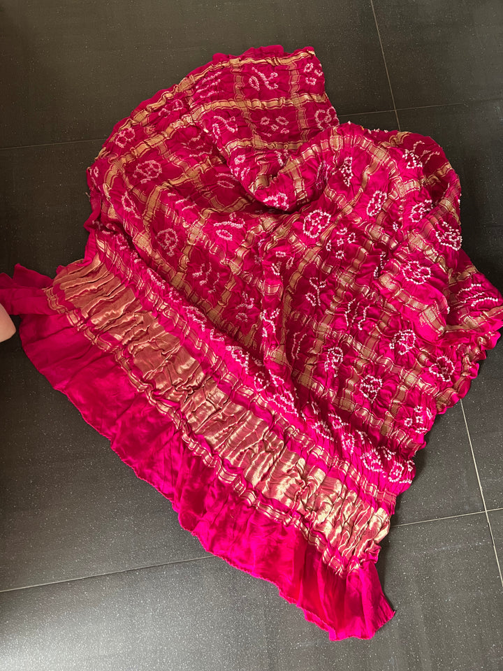 Exquisite Bandhej Pure Silk Gold Embroidered Dupatta