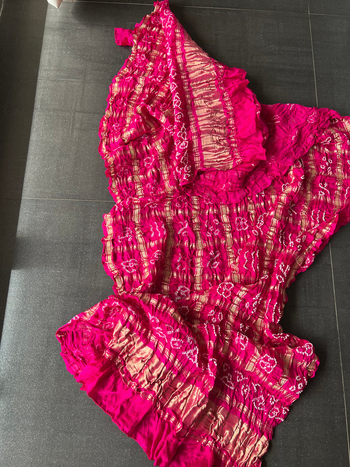 Exquisite Bandhej Pure Silk Gold Embroidered Dupatta