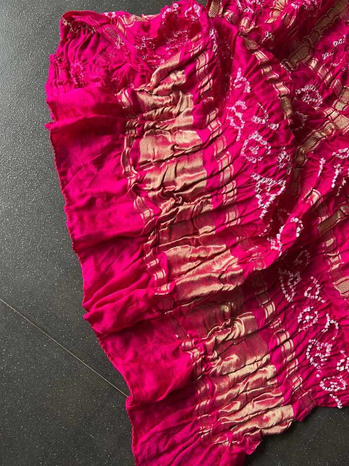 Exquisite Bandhej Pure Silk Gold Embroidered Dupatta