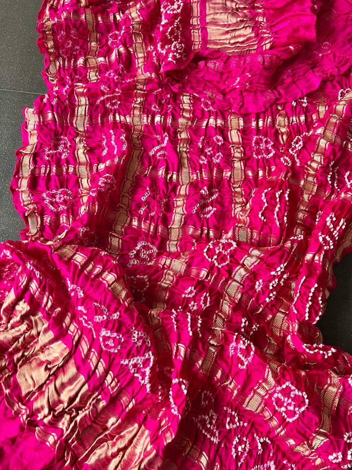 Exquisite Bandhej Pure Silk Gold Embroidered Dupatta