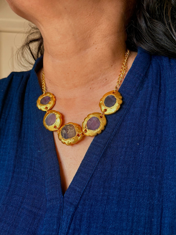 Handmade Necklace with Natural Gemstones | Adjustable Gold Polish Short Necklace by SHIVKA