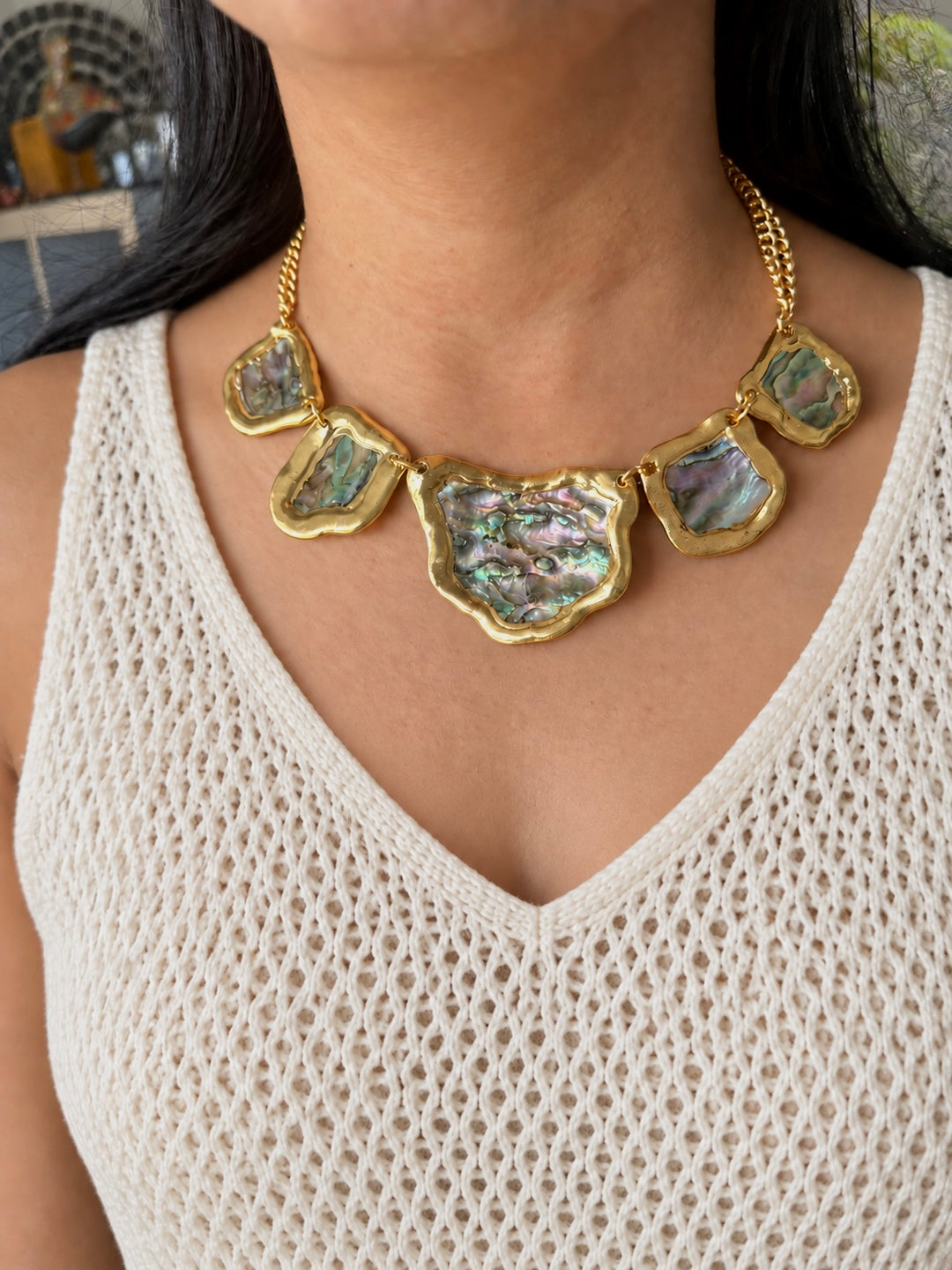 Gold-Edged Abalone Shell Statement Necklace