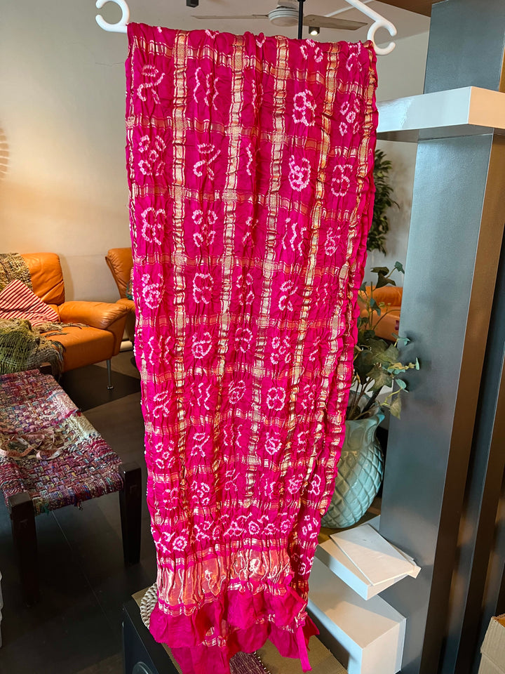 Exquisite Bandhej Pure Silk Gold Embroidered Dupatta