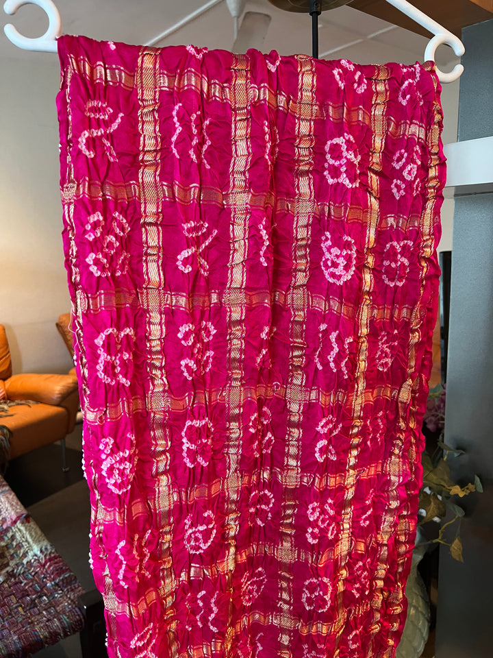 Exquisite Bandhej Pure Silk Gold Embroidered Dupatta