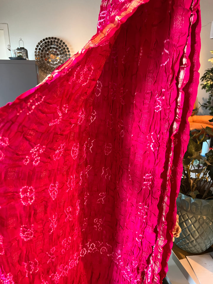 Exquisite Bandhej Pure Silk Gold Embroidered Dupatta