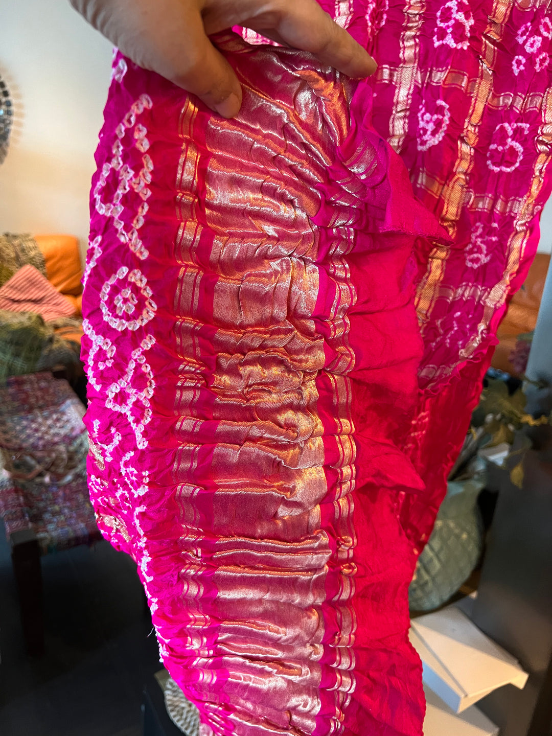 Exquisite Bandhej Pure Silk Gold Embroidered Dupatta