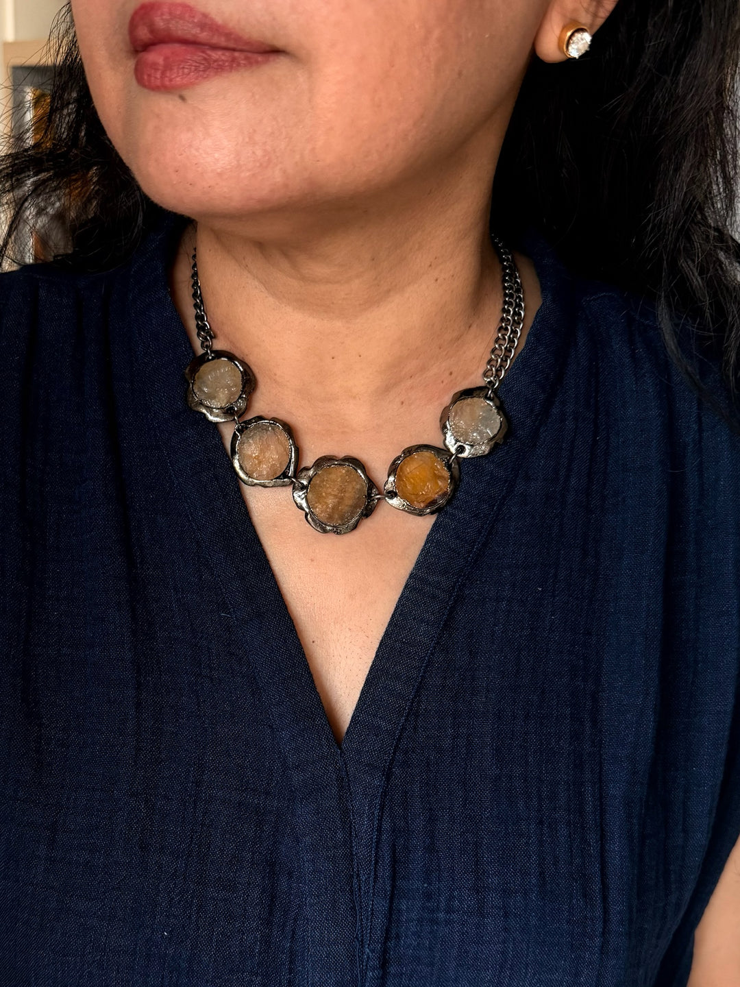 Handmade Necklace with Natural Gemstones | Adjustable Rhodium Polish Short Necklace by SHIVKA