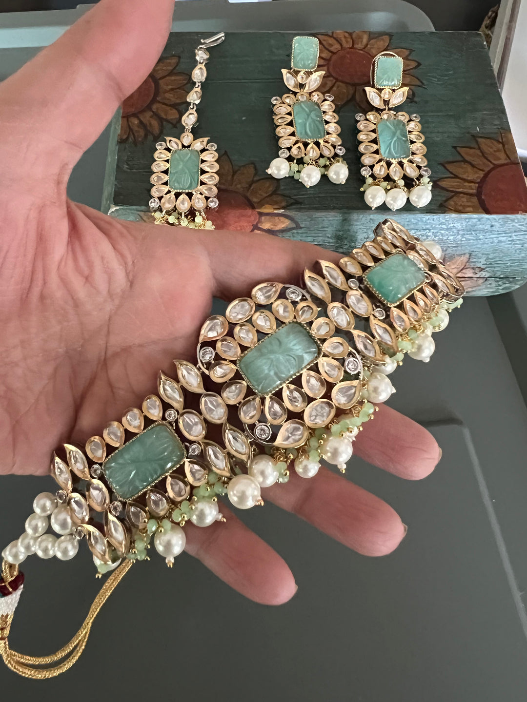 Gorgeous Carved Stone Kundan Choker with Earrings and Maangtikka