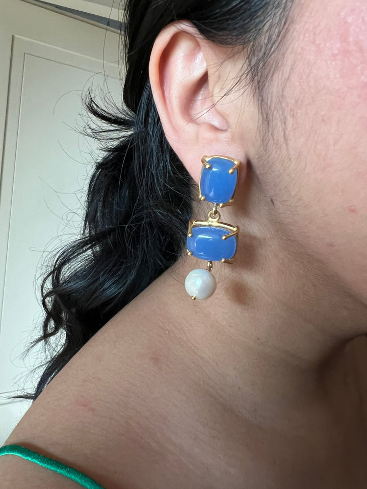 Elegant Pearl Drop Aqua Blue Chalcedony Earrings – Timeless & Chic
