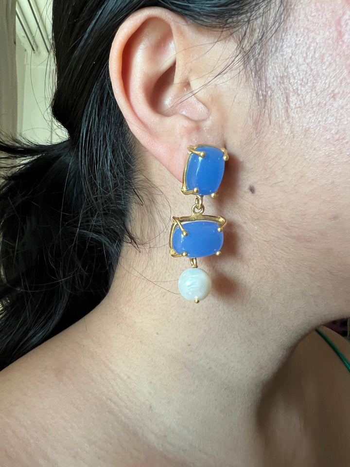 Elegant Pearl Drop Aqua Blue Chalcedony Earrings – Timeless & Chic