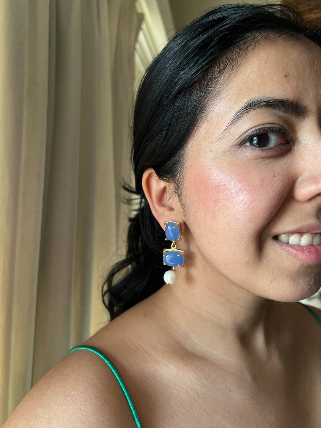 Elegant Pearl Drop Aqua Blue Chalcedony Earrings – Timeless & Chic