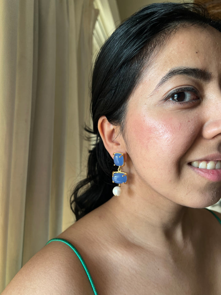 Elegant Pearl Drop Aqua Blue Chalcedony Earrings – Timeless & Chic