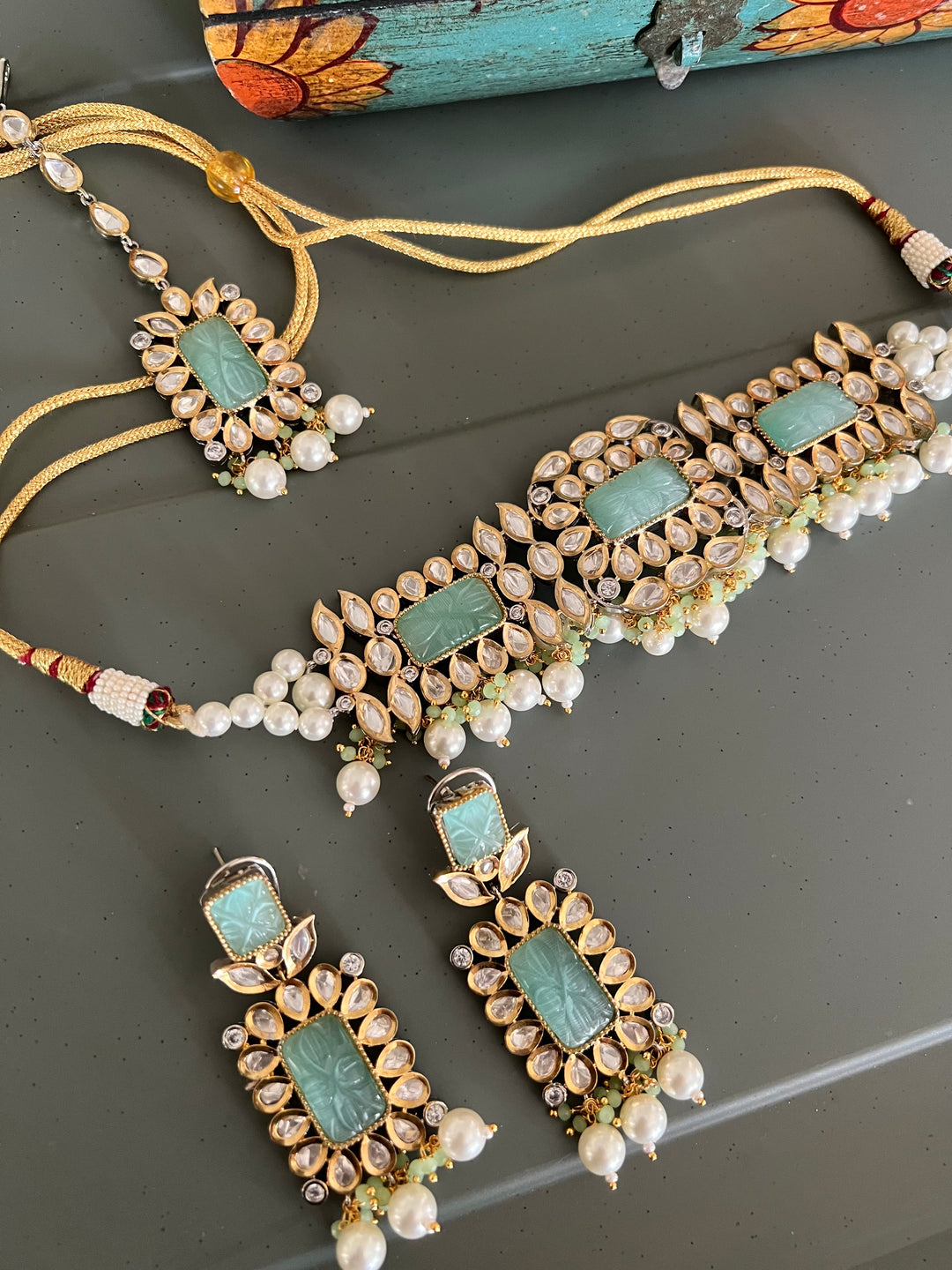 Gorgeous Carved Stone Kundan Choker with Earrings and Maangtikka