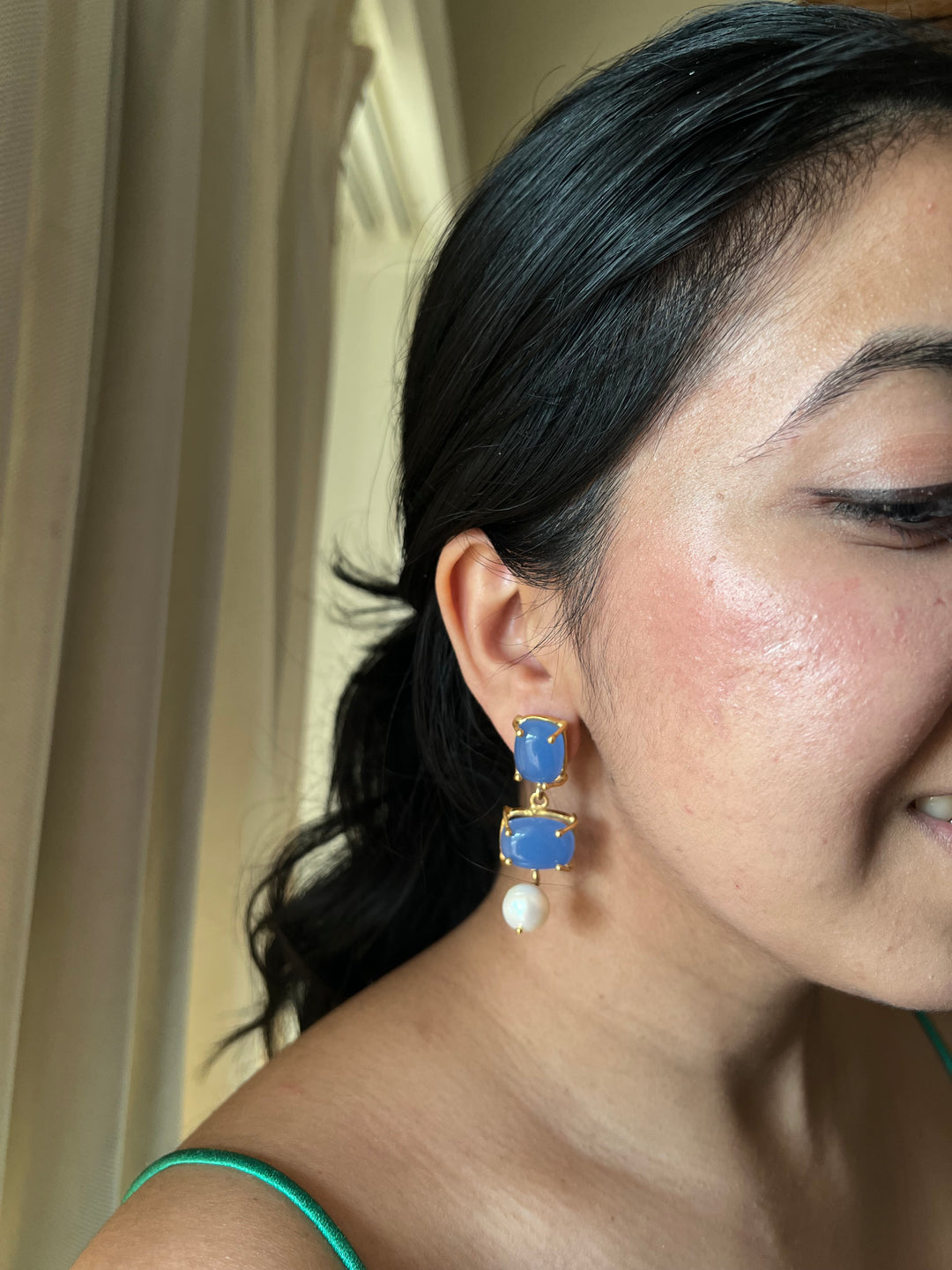 Elegant Pearl Drop Aqua Blue Chalcedony Earrings – Timeless & Chic