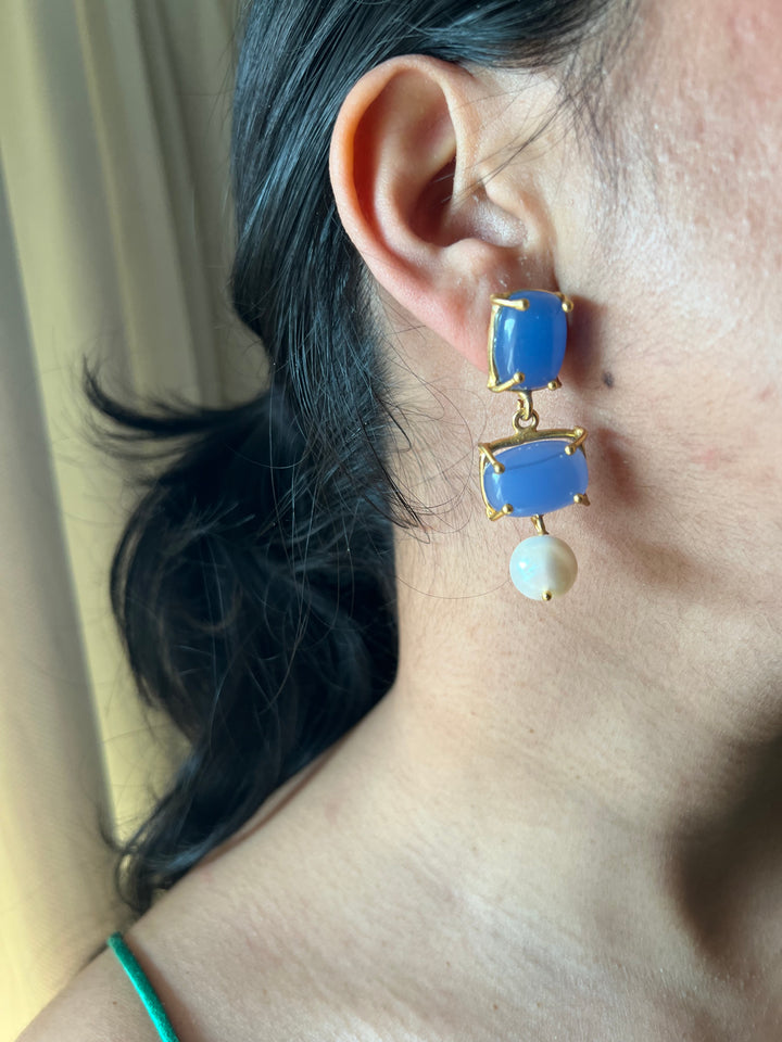 Elegant Pearl Drop Aqua Blue Chalcedony Earrings – Timeless & Chic