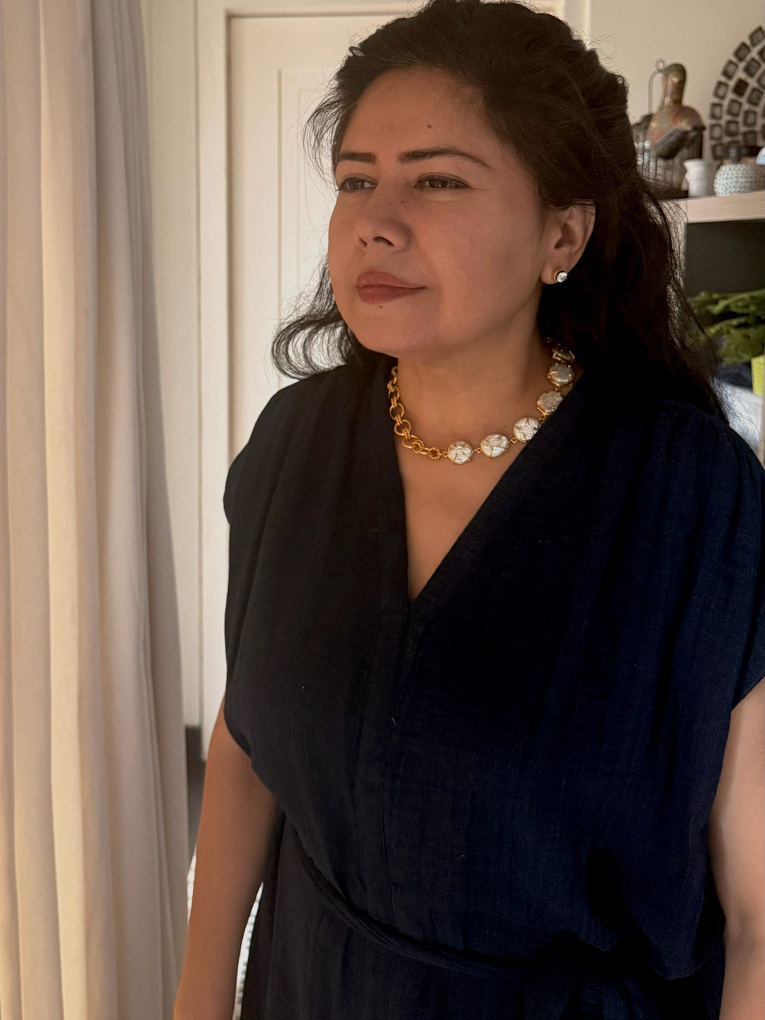 Handmade Necklace with Natural Baroque Pearls | Adjustable Gold Polish Short Necklace by SHIVKA