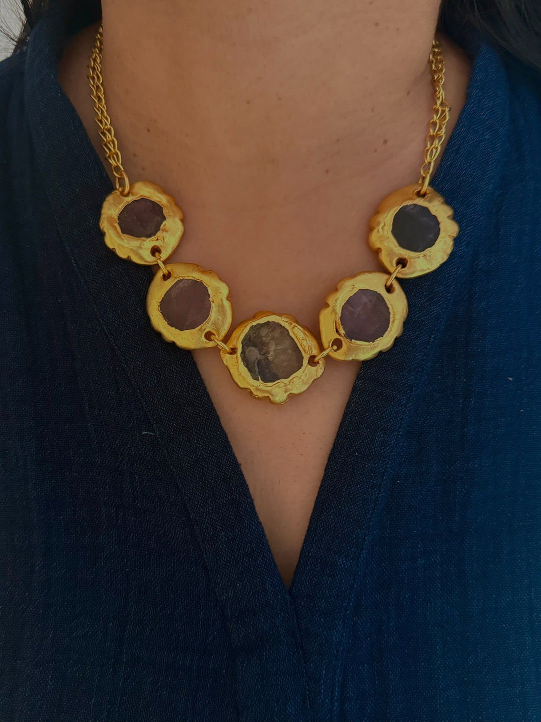 Handmade Necklace with Natural Gemstones | Adjustable Gold Polish Short Necklace by SHIVKA