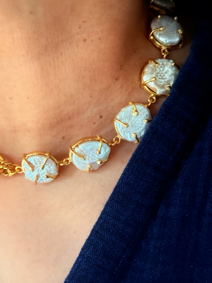 Handmade Necklace with Natural Baroque Pearls | Adjustable Gold Polish Short Necklace by SHIVKA