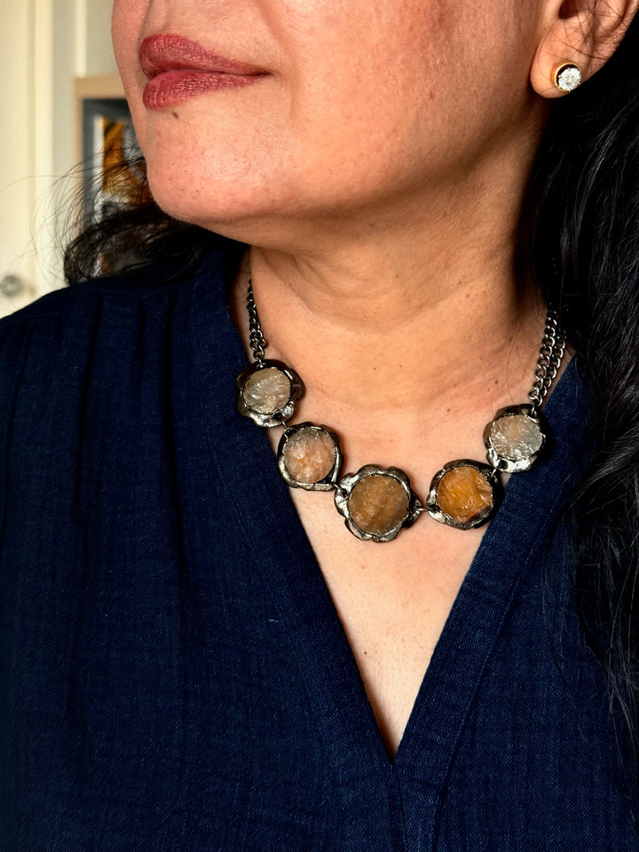 Handmade Necklace with Natural Gemstones | Adjustable Rhodium Polish Short Necklace by SHIVKA