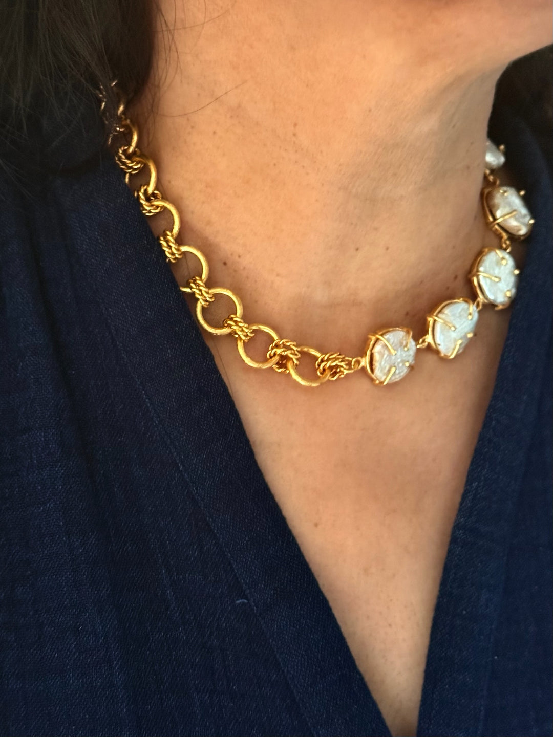 Handmade Necklace with Natural Baroque Pearls | Adjustable Gold Polish Short Necklace by SHIVKA