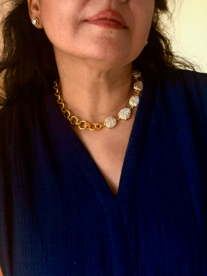 Handmade Necklace with Natural Baroque Pearls | Adjustable Gold Polish Short Necklace by SHIVKA