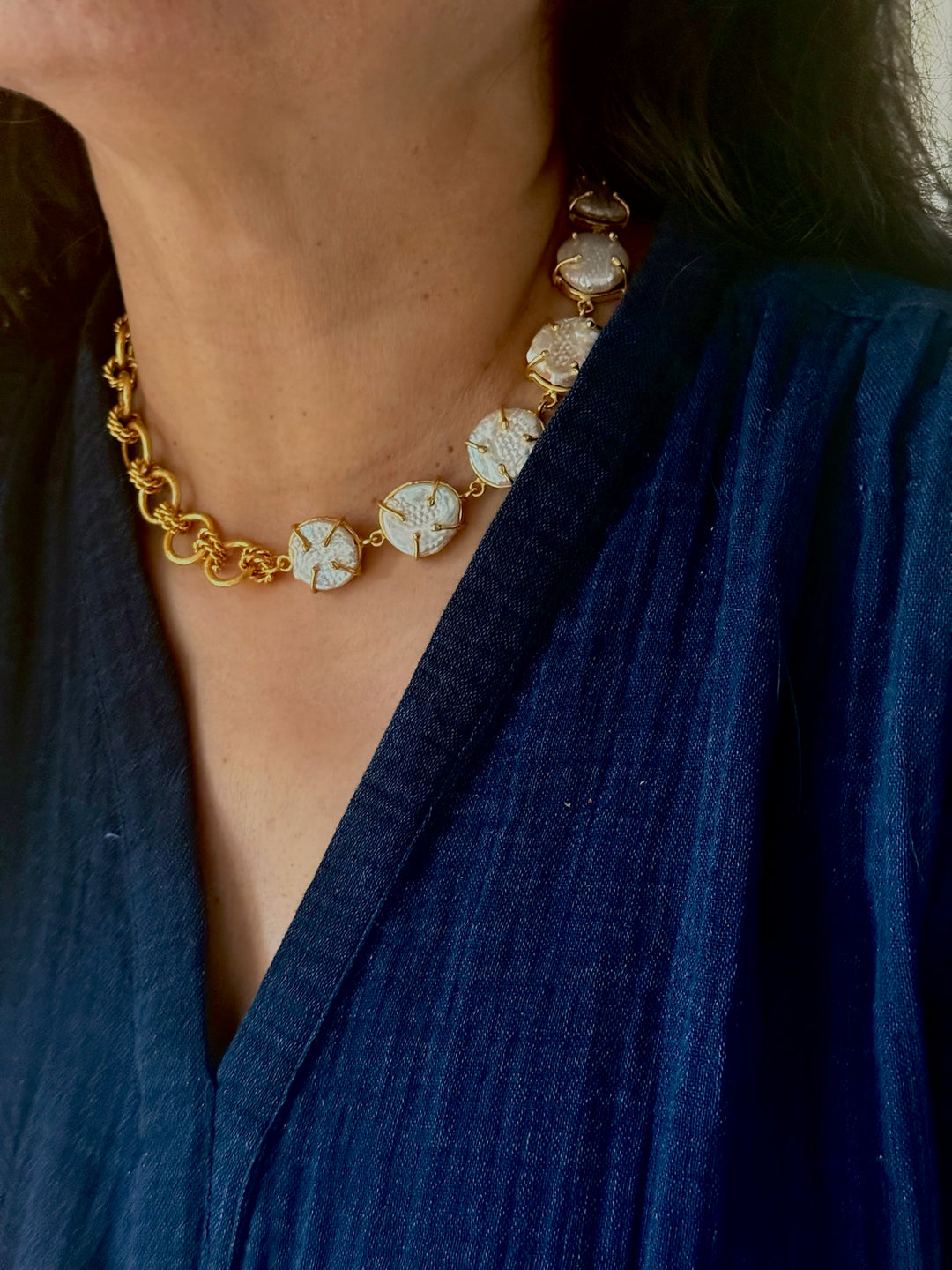 Handmade Necklace with Natural Baroque Pearls | Adjustable Gold Polish Short Necklace by SHIVKA