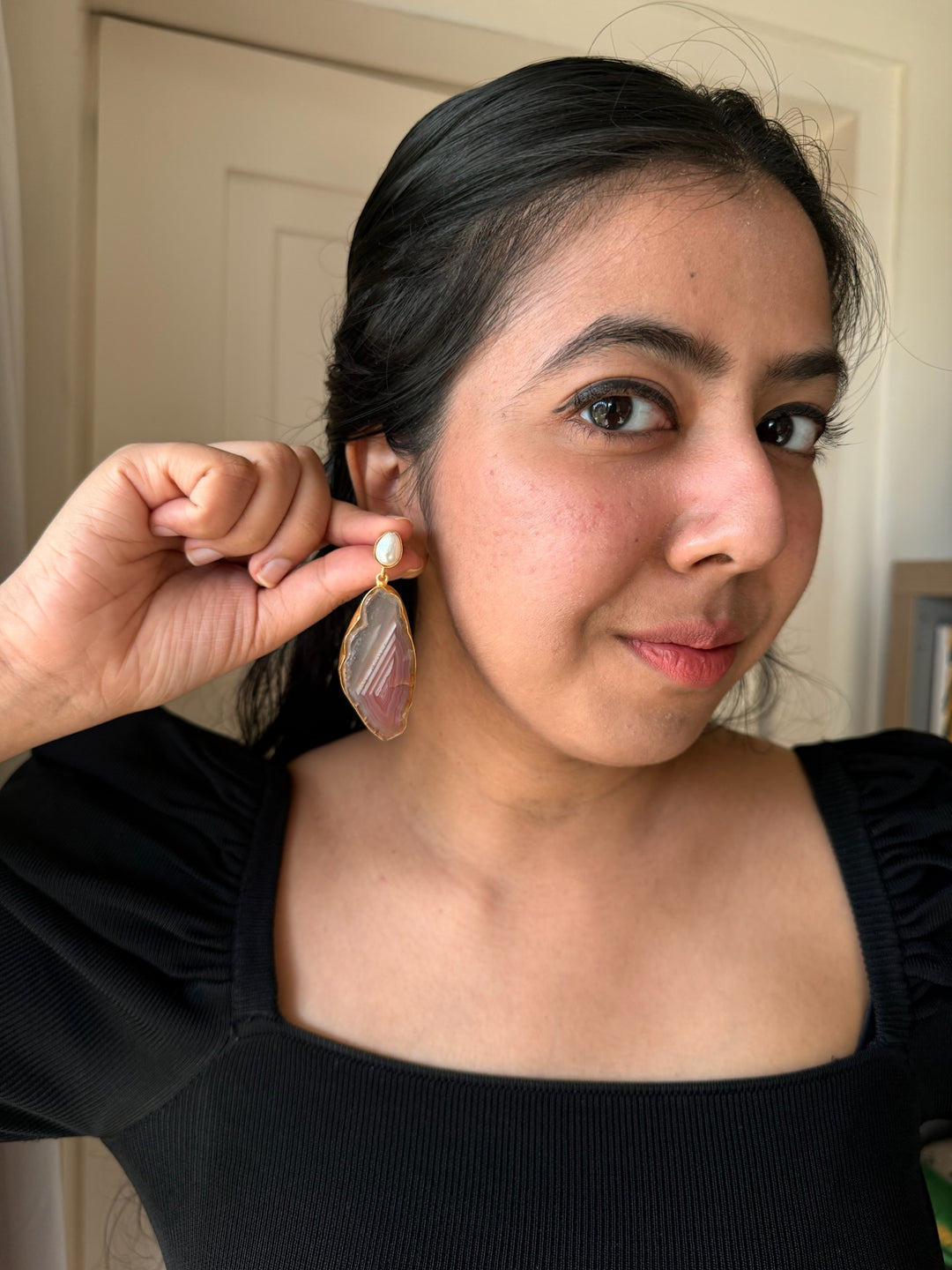 Handmade Brass Earrings with Natural Pearls & Gemstones | Modern Gold Polish Statement Danglers by SHIVKA